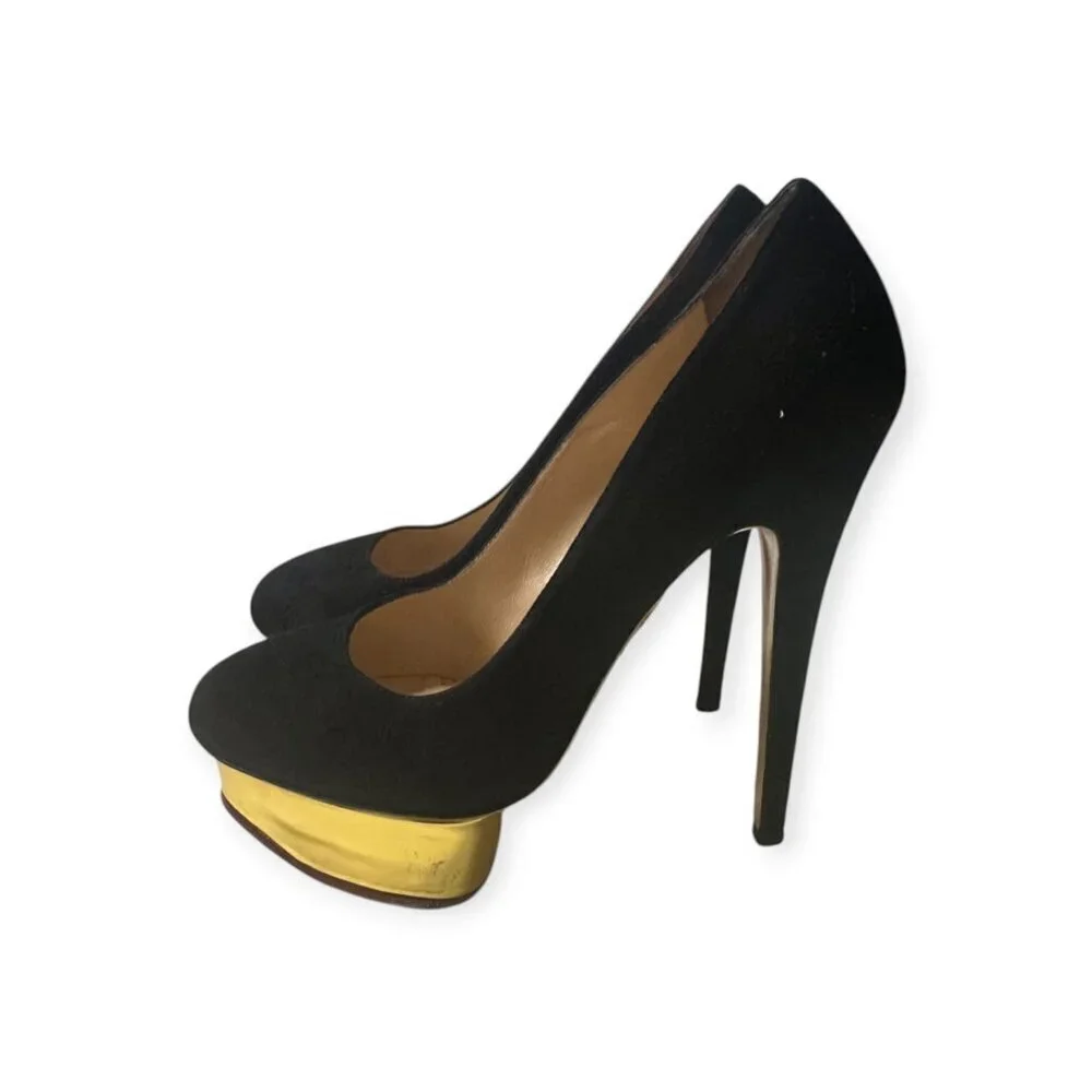 Charlotte Olympia Dolly Platform Pumps, Black Suede-Gold Leather, 38.5 EU